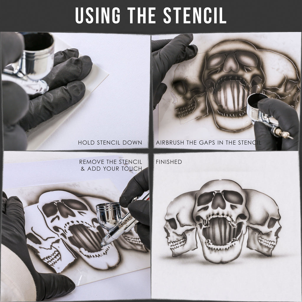 Airbrush Triple Skull Pile Stencil Set (Skull Design in 3 Scale Sizes) - Laser Cut Reusable Templates