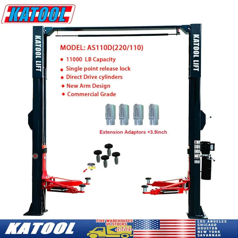 Katool KT-AS110D 11,000 lb Asymmetric Two-Post Lift — Direct Drive, Single-Point Lock Release