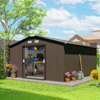 EverBase 11' x 13' Metal Garden Storage Shed with Foundation Kit & Double Doors, Brown