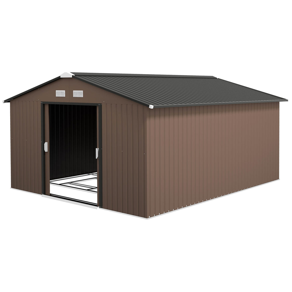EverBase 11' x 13' Metal Garden Storage Shed with Foundation Kit & Double Doors, Brown