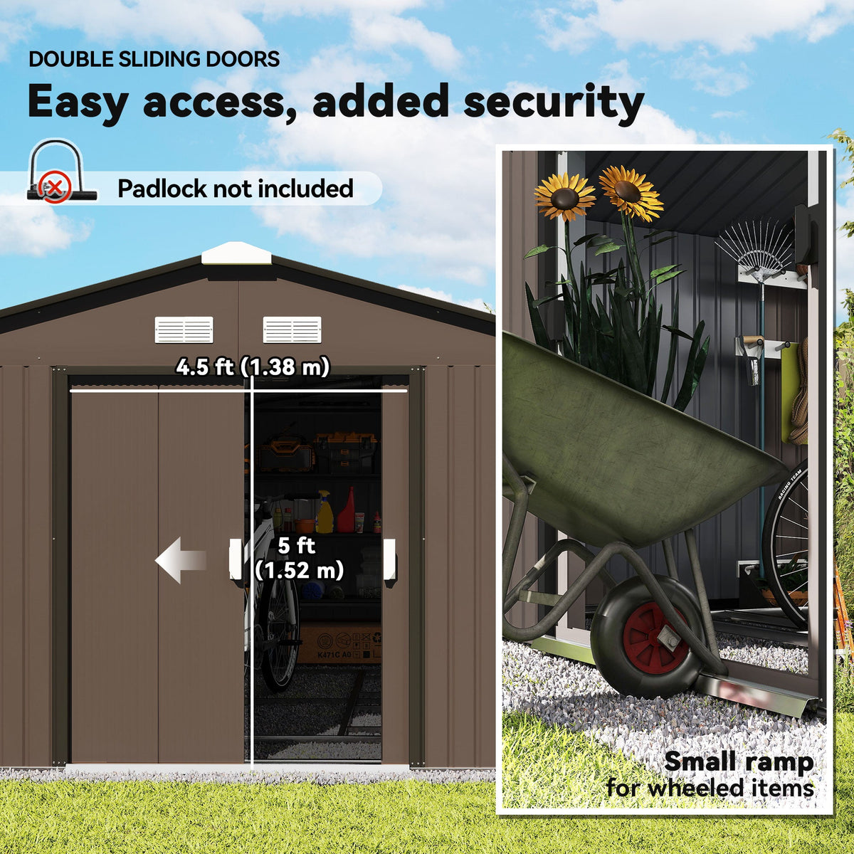 EverBase 11' x 13' Metal Garden Storage Shed with Foundation Kit & Double Doors, Brown