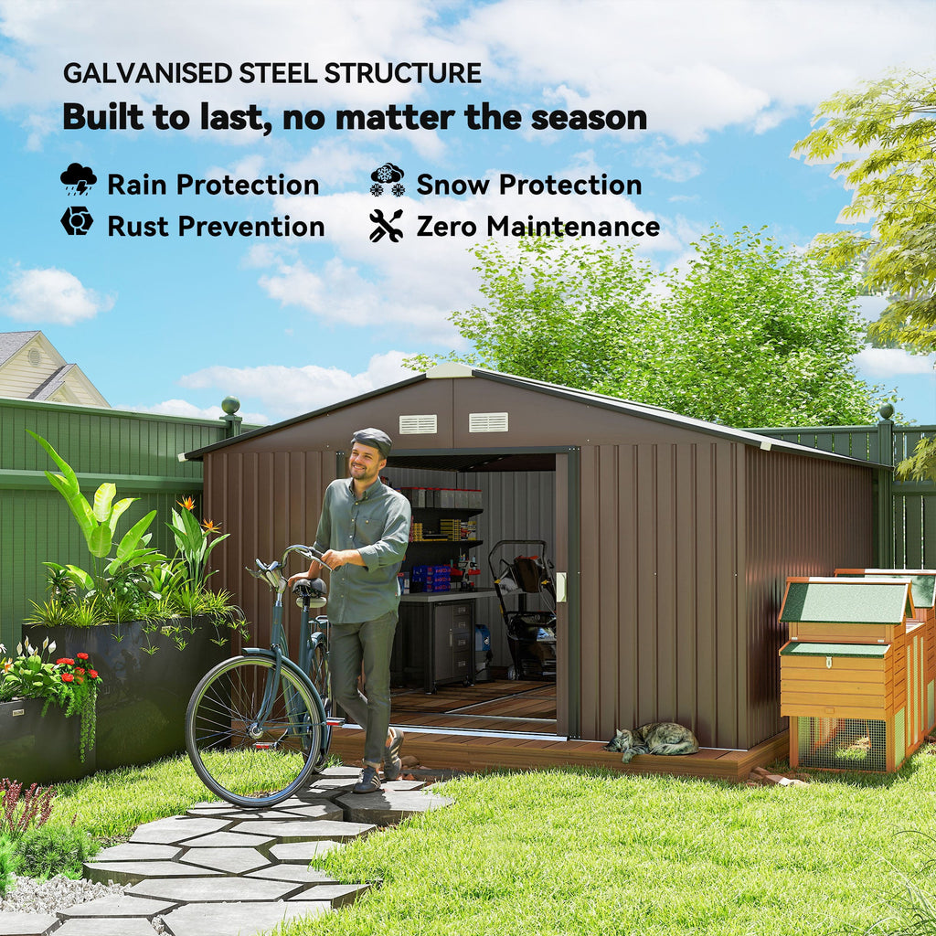 EverBase 11' x 13' Metal Garden Storage Shed with Foundation Kit & Double Doors, Brown