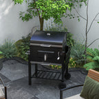Charcoal BBQ Grill Smoker Combo Portable Trolley Camping Picnic Backyard Side Shelf, Black