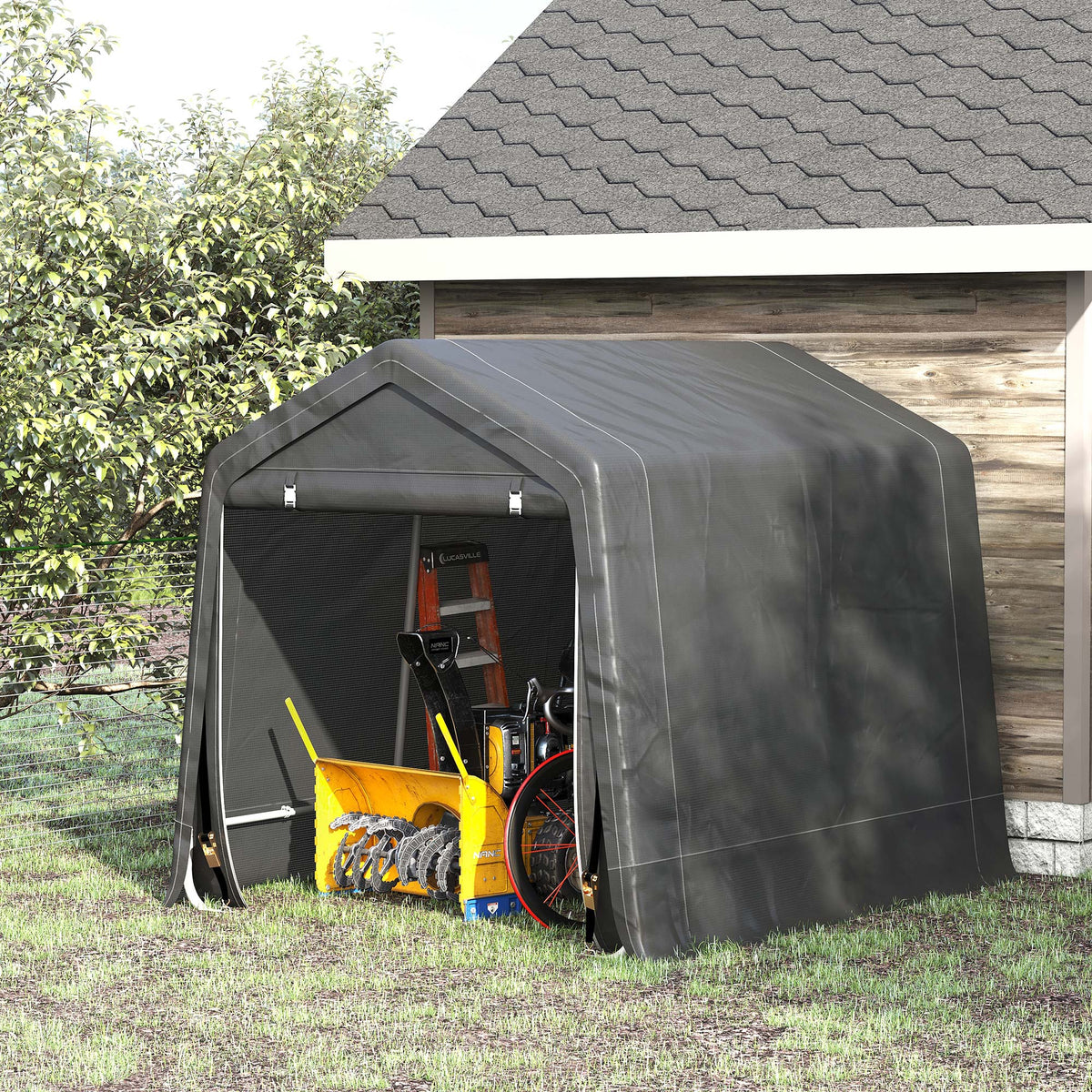 7.9' x 6.6' Garden Storage Tent, Heavy Duty Bike Shed, Patio Storage Shelter w/ Metal Frame and Double Zipper Doors, Dark Grey