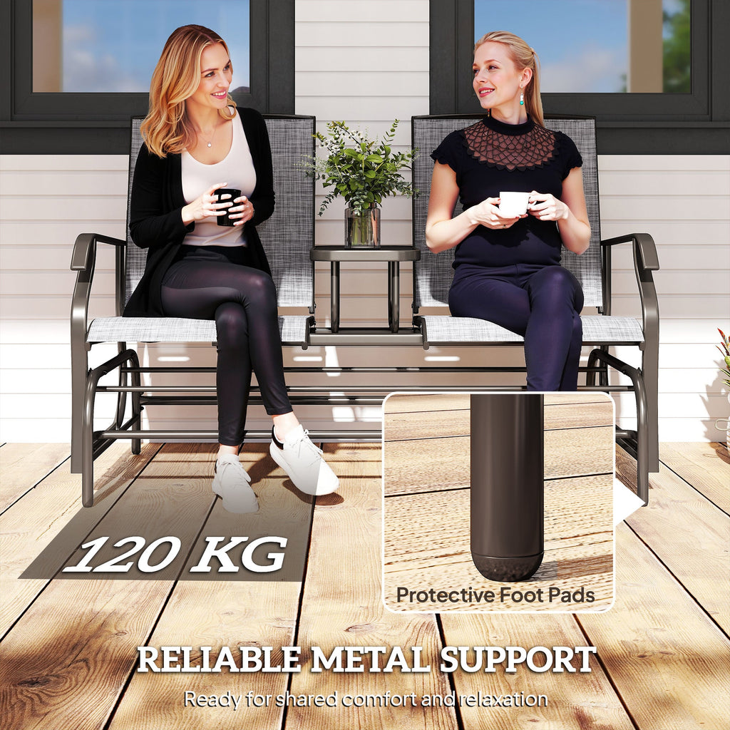 2 Seats Garden Glider Bench with Glass Top  Centre Table, Brown/ Grey