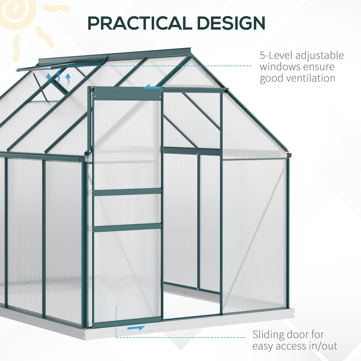 BloomGreen 6' x 8' x 6.5' Polycarbonate Greenhouse with Adjustable Roof Vent & Sliding Door, Green