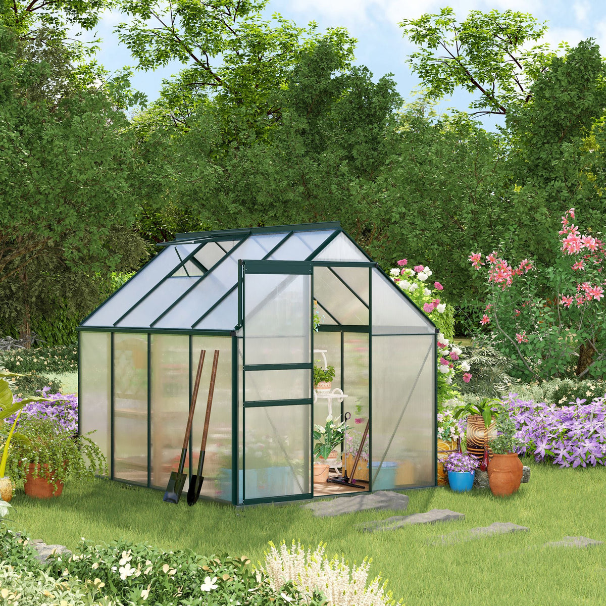 BloomGreen 6' x 8' x 6.5' Polycarbonate Greenhouse with Adjustable Roof Vent & Sliding Door, Green