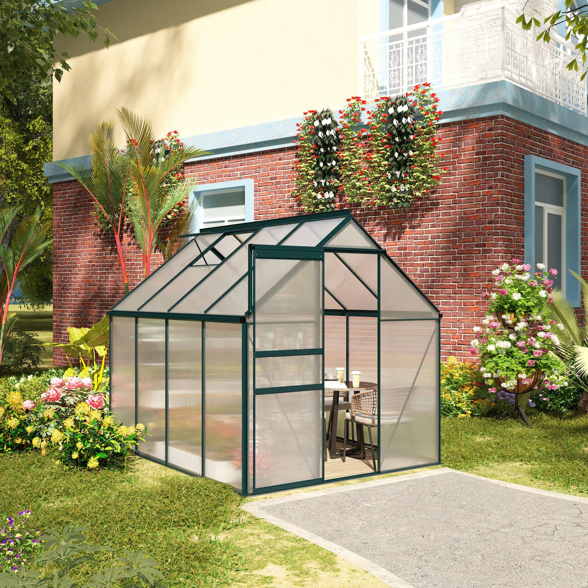 BloomGreen 6' x 8' x 6.5' Polycarbonate Greenhouse with Adjustable Roof Vent & Sliding Door, Green