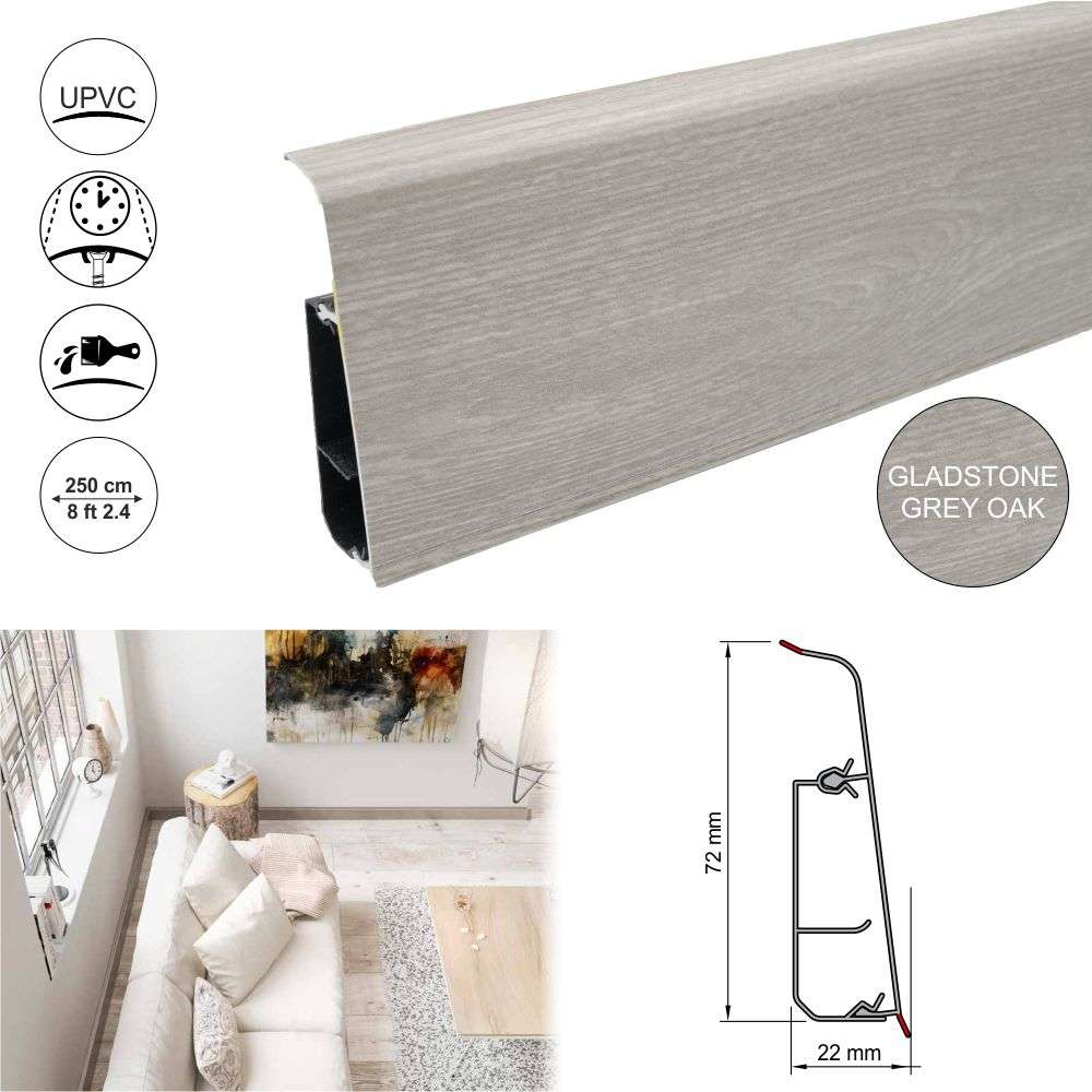 PVC Skirting Board Lima 72mm  With Cable Management System