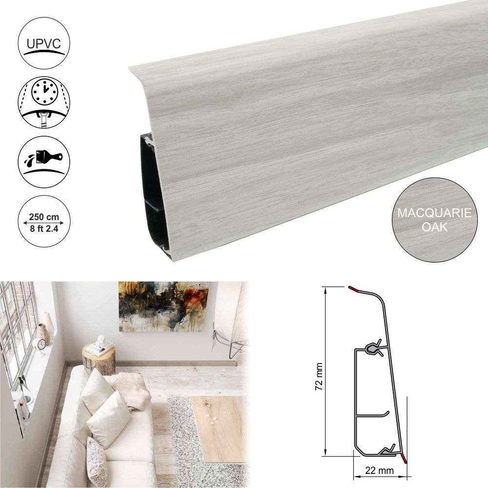 PVC Skirting Board Lima 72mm  With Cable Management System