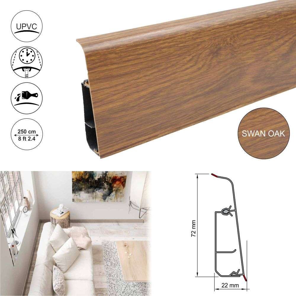 PVC Skirting Board Lima 72mm  With Cable Management System