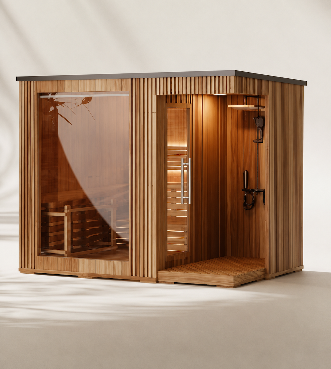 Outdoor Cabin Sauna with Shower — Red Cedar / Thermo Pine Wood | 3-4 Person
