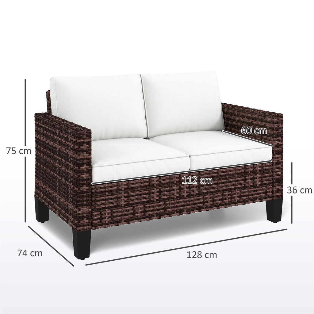 2 Seater Rattan Garden Sofa with Cushions & Armrests, Brown