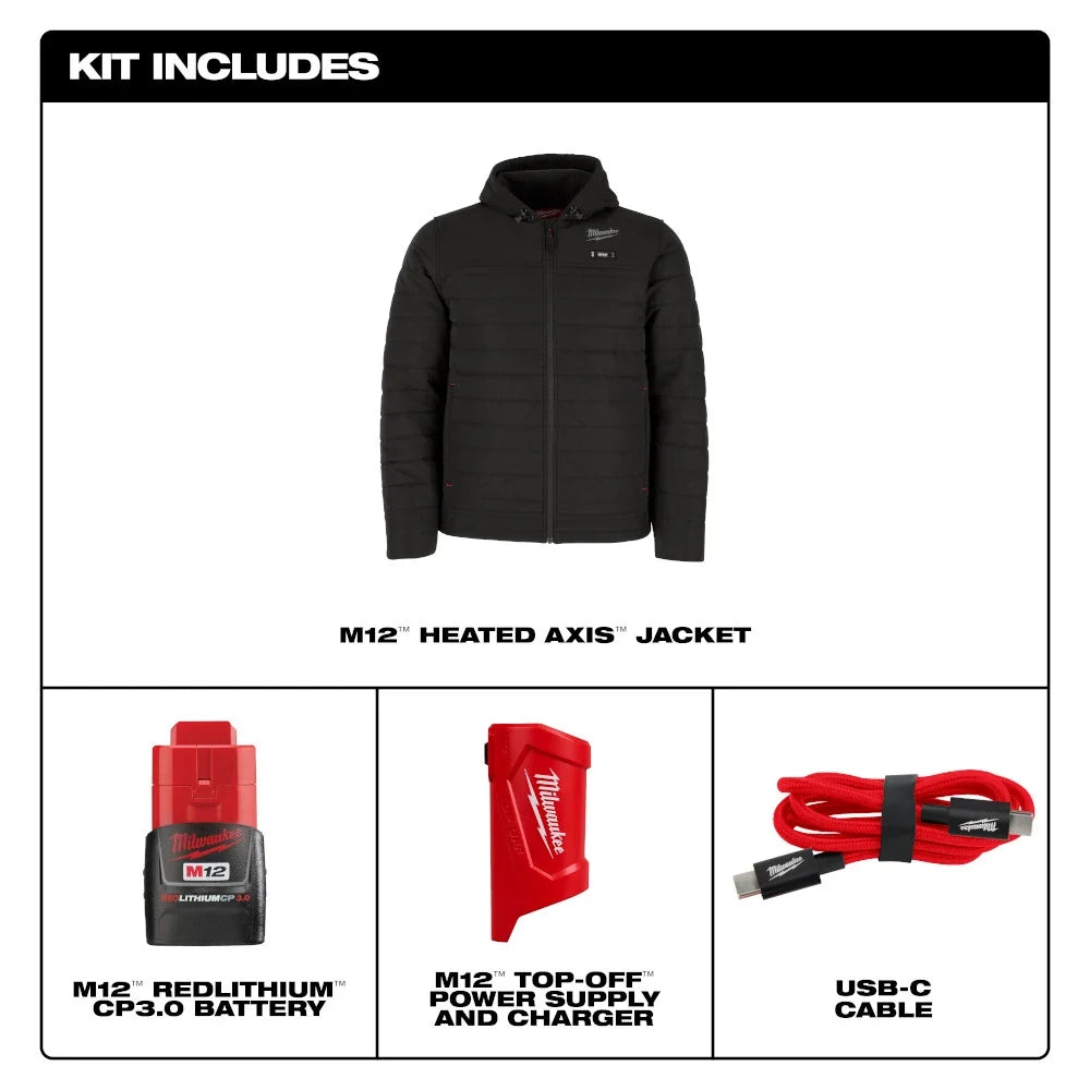 Open Box -  Men's 2 X-Large M12 12V Lithium-Ion Cordless Axis Black Heated Quilted Hooded Jacket Kit (1) 3.0 Ah Battery and Charger