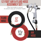 12 Foot Air and Fluid Hose Assembly Set with Fittings for Spray Guns, Paint Pressure Pot Tanks, Professional Heavy Duty - Air 3/8" NPS, 5/16" ID &