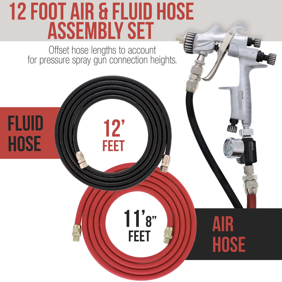 12 Foot Air and Fluid Hose Assembly Set with Fittings for Spray Guns, Paint Pressure Pot Tanks, Professional Heavy Duty - Air 3/8" NPS, 5/16" ID &