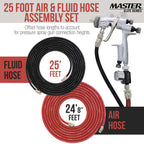 25 Foot Air and Fluid Hose Assembly Set with Fittings for Spray Guns, Paint Pressure Pot Tanks, Professional Heavy Duty - Air 3/8" NPS, 5/16" ID &