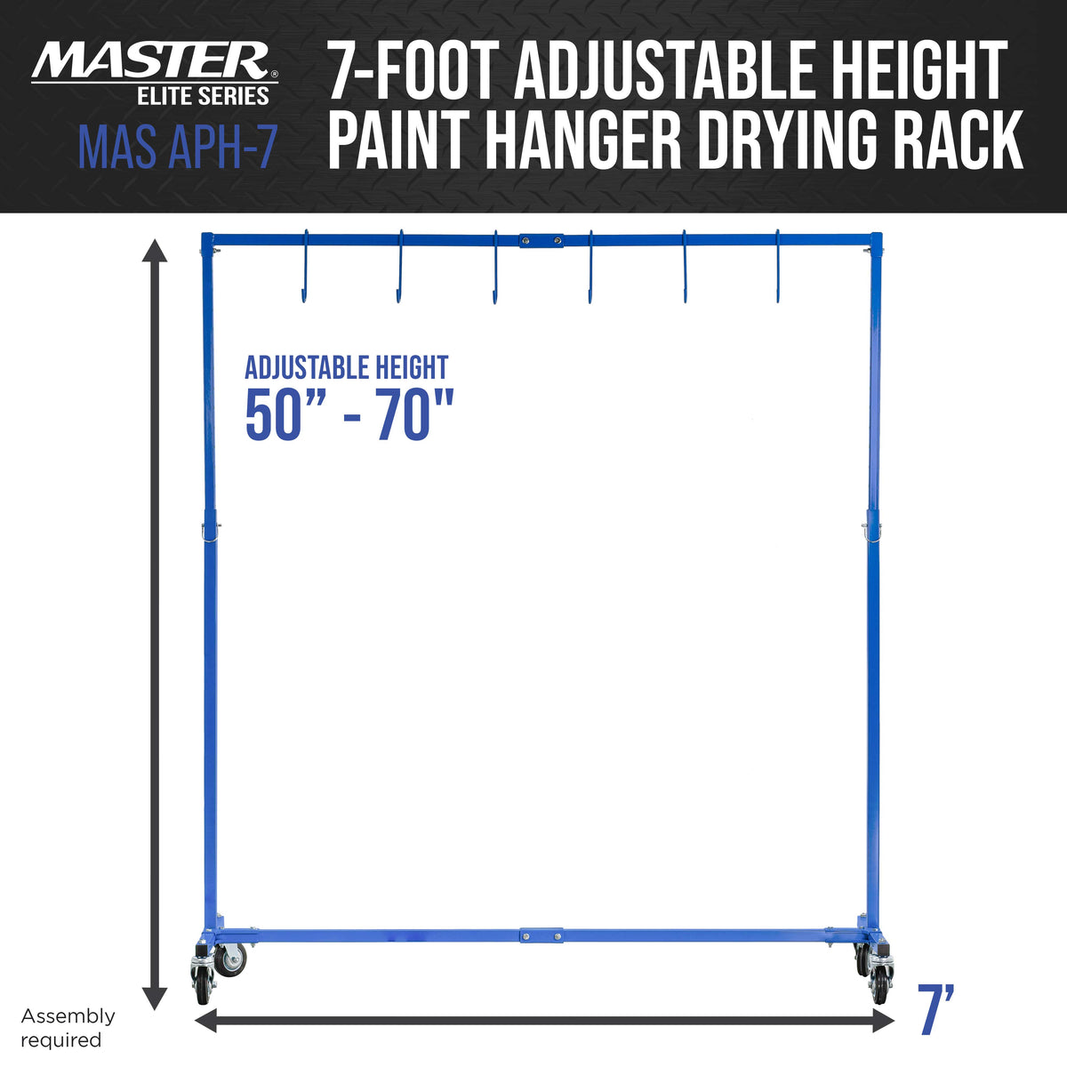 7-Foot Adjustable Height Paint Hanger Drying Rack - Mobile Auto Body Shop Painting Stand with 6 Hanging Hooks, Swivel Locking Wheels