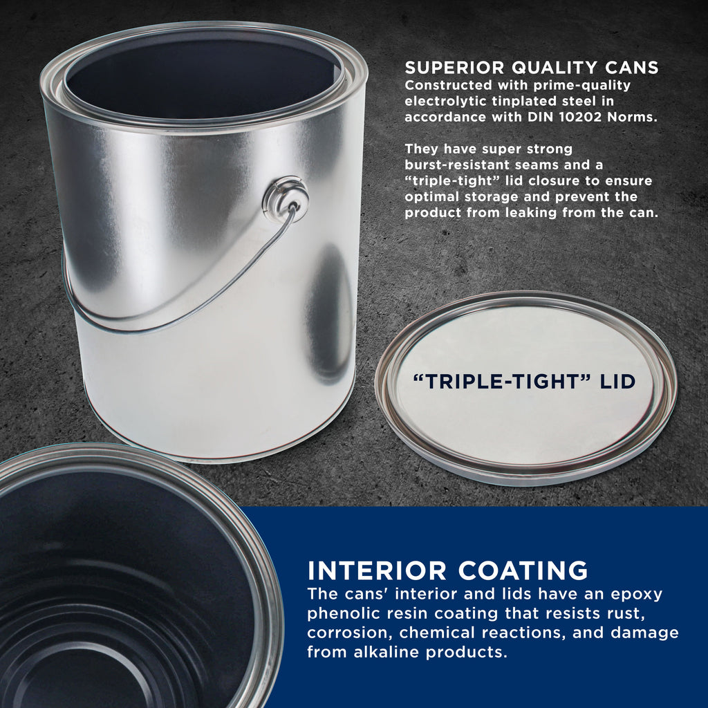 1 Gallon Lined Empty Metal Paint Can Bucket with Lids, Bail Handles, Pack of 2 - Triple Tight Seal, 128 fl. oz. Steel Coating Storage Container Tin