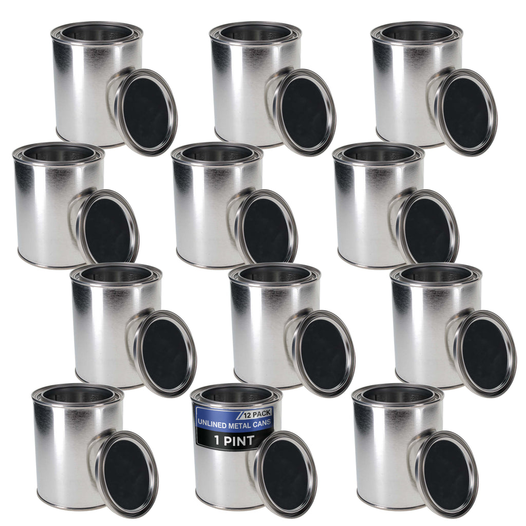 1 Pint Unlined Empty Metal Paint Can Bucket with Lids, Pack of 12 - Triple Tight Lid Seal, 16 fl. oz. Steel Coating Storage Container Tin