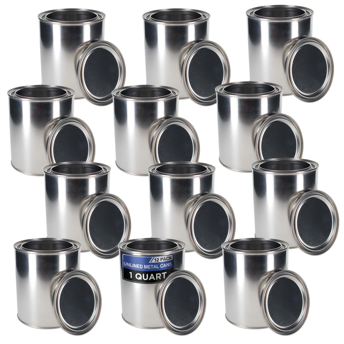 1 Quart Unlined Empty Metal Paint Can Bucket with Lids, Pack of 12 - Triple Tight Lid Seal, 32 fl. oz. Steel Coating Storage Container Tin