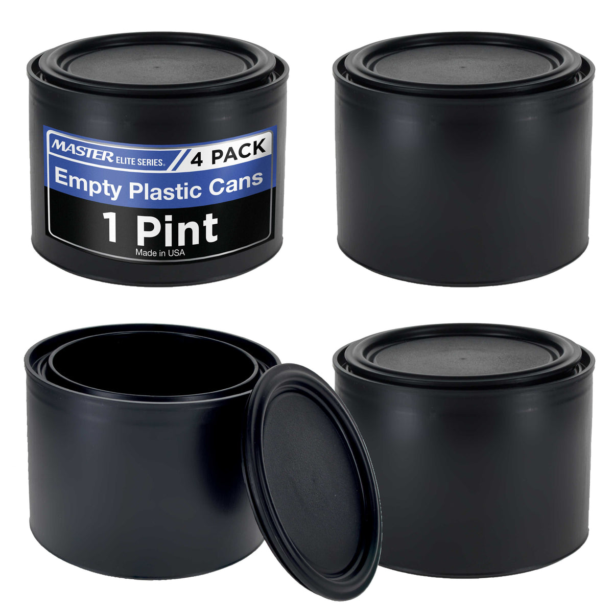 1 Pint Empty Plastic Paint Can Bucket, Pack of 4 - Triple Lock Airtight Lid Seal, 32 fl. oz. All-Plastic Coating Storage Can, Pail Handle