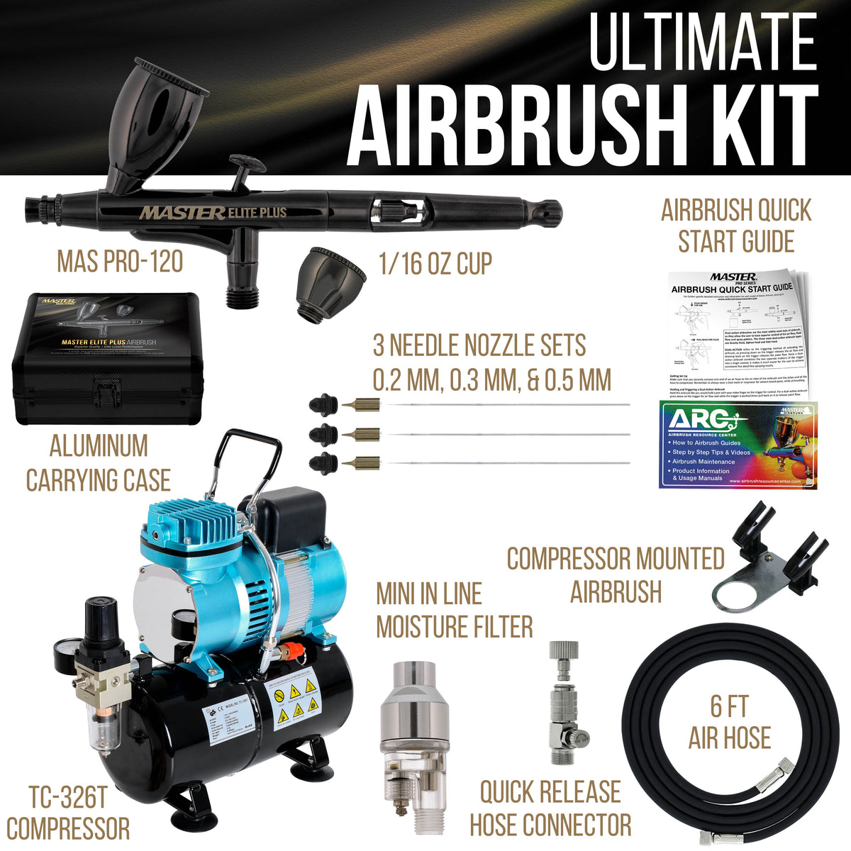 Cool Runner II Dual Fan Air Storage Tank Compressor System Kit with Plus Ultimate Airbrush Set with 3 Tips 0.2, 0.3 and 0.5 mm, Case