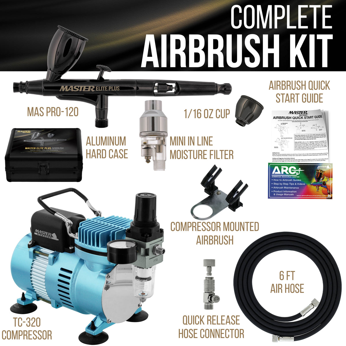 Cool Runner II Dual Fan Air Compressor System Kit with Plus Elite Level Performance Airbrush Set, Case, 0.3mm Tip, 2 Cups