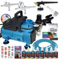 Super Cool Runner Dual Fan Air Compressor Professional Airbrushing System Kit with 3 Airbrushes, Gravity & Siphon Feed - 6 Primary Opaque Colors