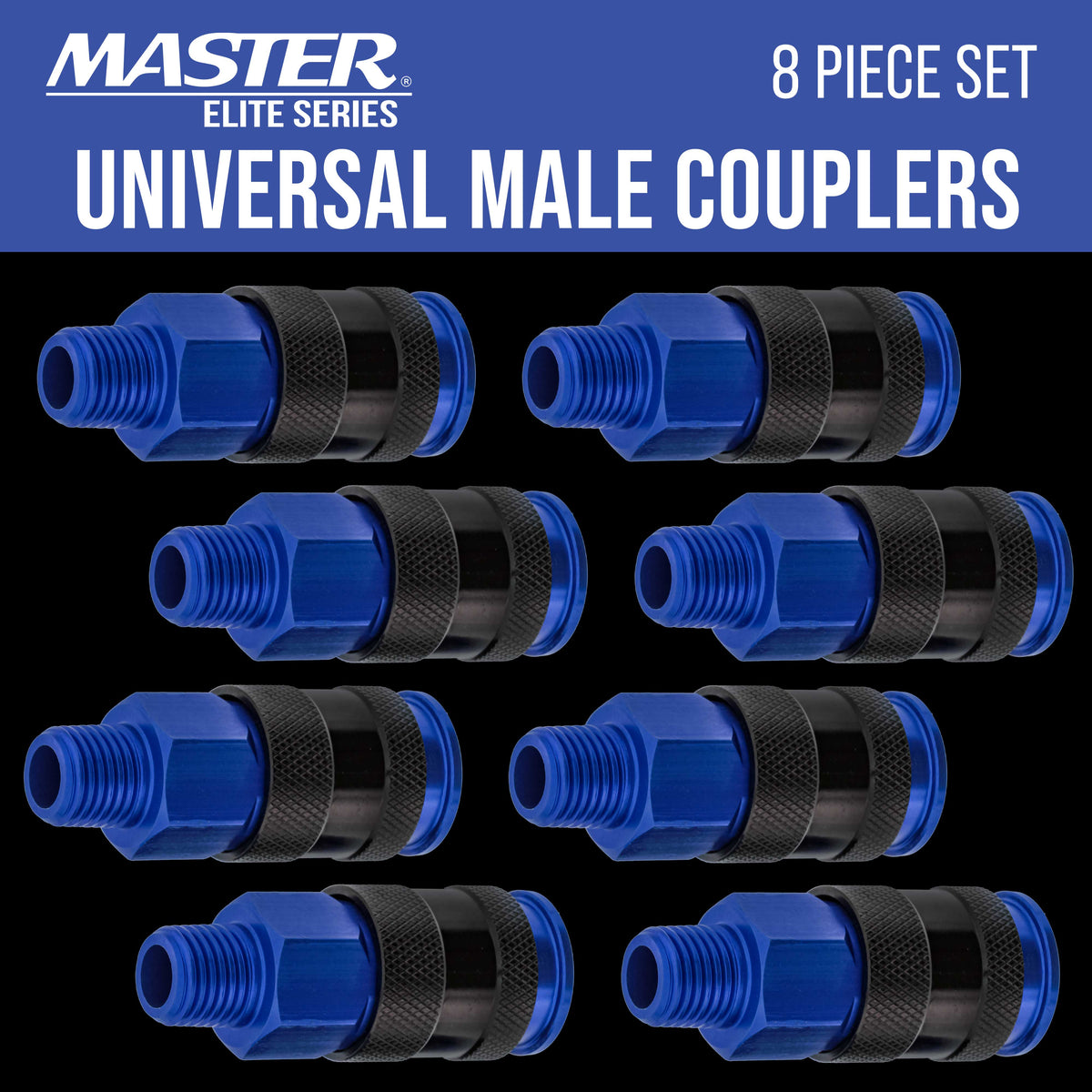 Series 8 Piece Universal Air Hose Quick Push Connect Coupler Set with 1/4" NPT Male Threads - Accepts 3 Common Plugs Types, I/M Industrial, T Auto, A ARO