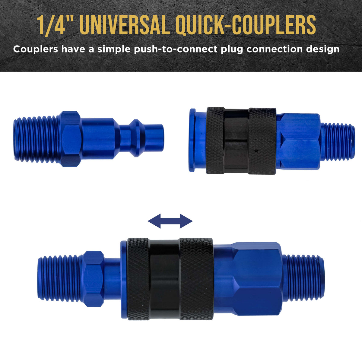 Series 8 Piece Universal Air Hose Quick Push Connect Coupler Set with 1/4" NPT Male Threads - Accepts 3 Common Plugs Types, I/M Industrial, T Auto, A ARO