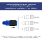 Series 8 Piece Universal Air Hose Quick Push Connect Coupler Set with 1/4" NPT Male Threads - Accepts 3 Common Plugs Types, I/M Industrial, T Auto, A ARO