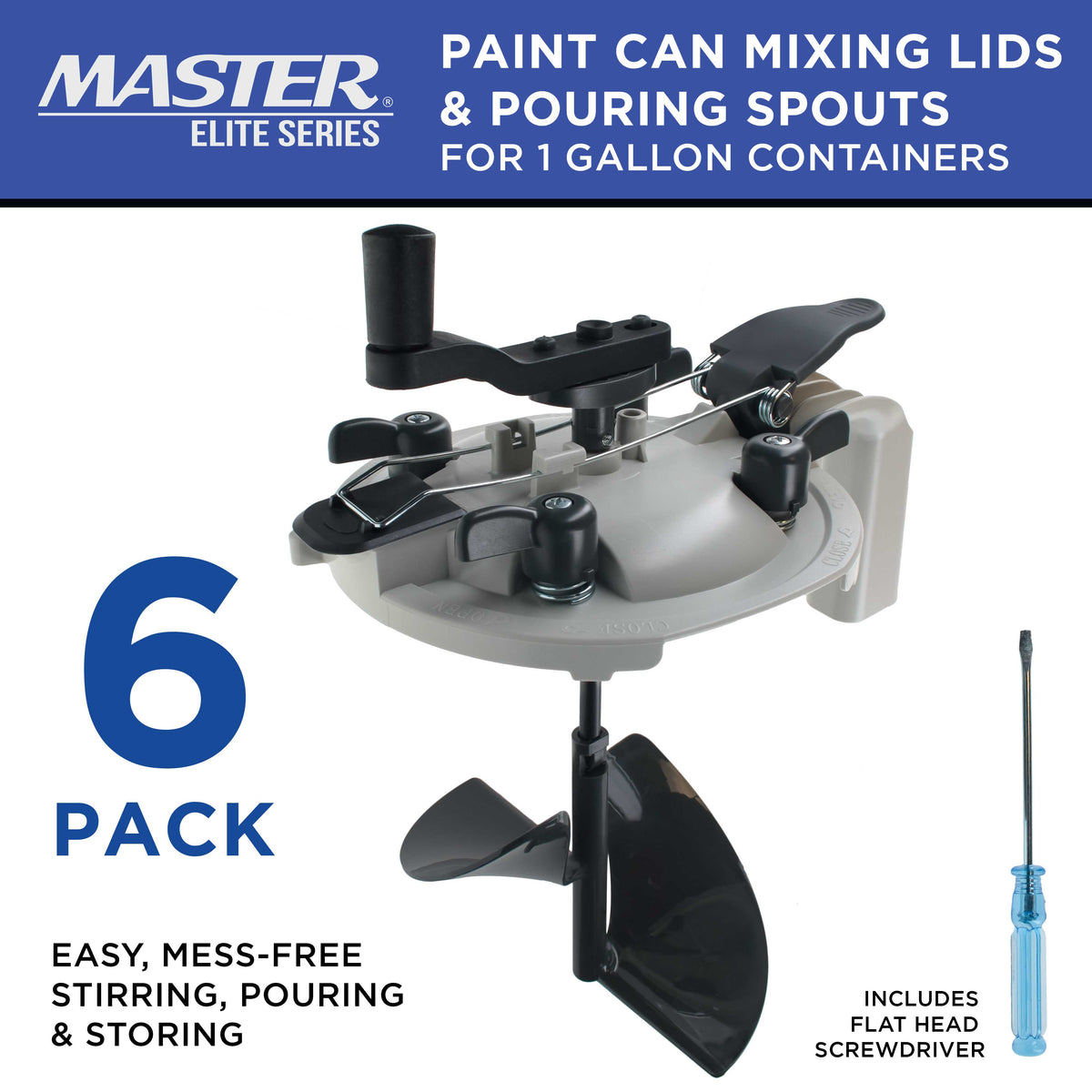 Paint Can Mixing Lid & Pouring Spout, 1 Gallon Size, Pack of 6 - Mix Blade for Easy, Mess-Free Stirring, Pouring Storing - Pistol Grip Handle