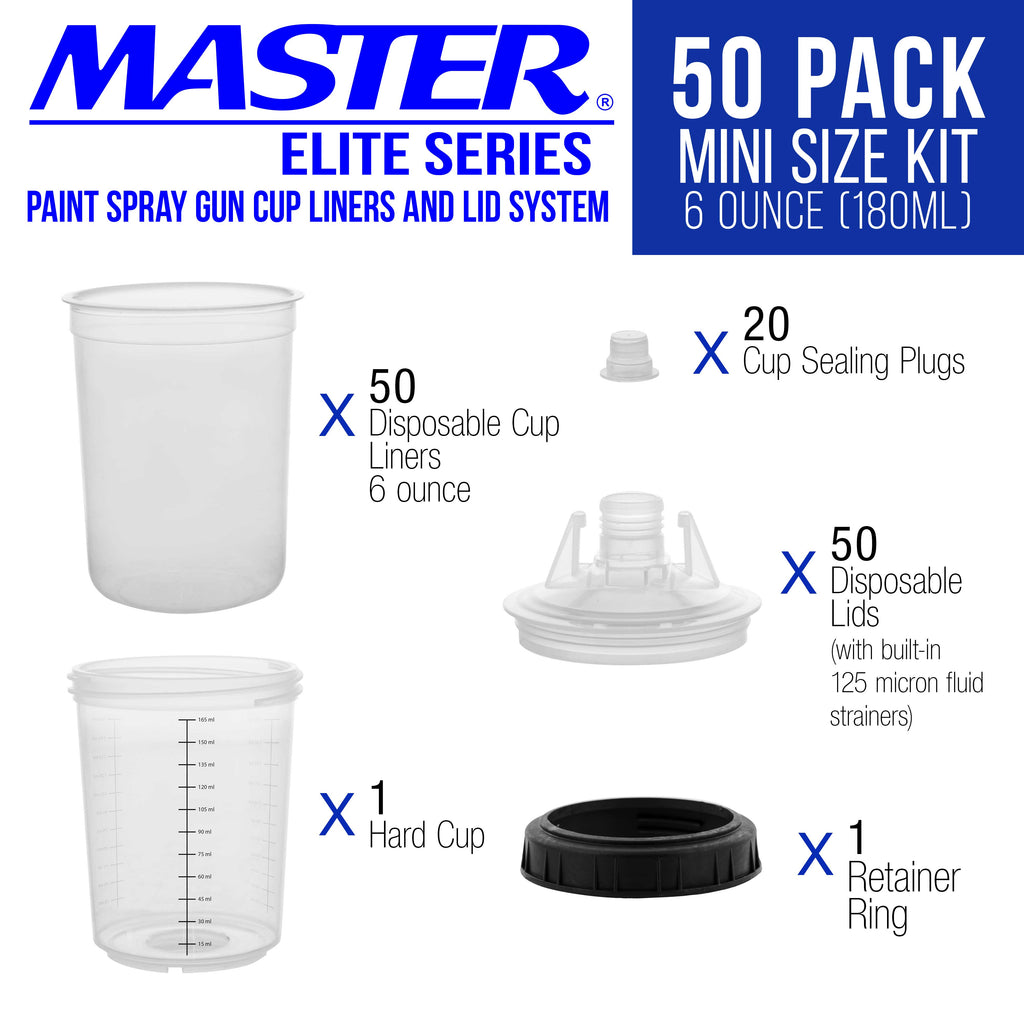 Master Paint System MPS Disposable Paint Spray Gun Cup Liners and Lid System, 50 Pack Mini Size 6 Ounce (180ml) Kit