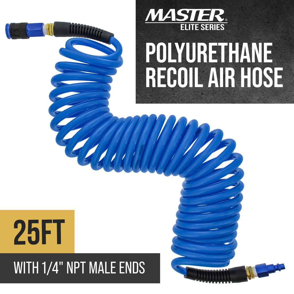 Series 1/4" x 25' Polyurethane Recoil Air Hose with Bend Restrictors and 1/4" NPT Male Fitting Ends, Universal Aluminum Coupler, I/M Plug