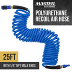 Series 1/4" x 25' Polyurethane Recoil Air Hose with Bend Restrictors and 1/4" NPT Male Fitting Ends, Universal Aluminum Coupler, I/M Plug