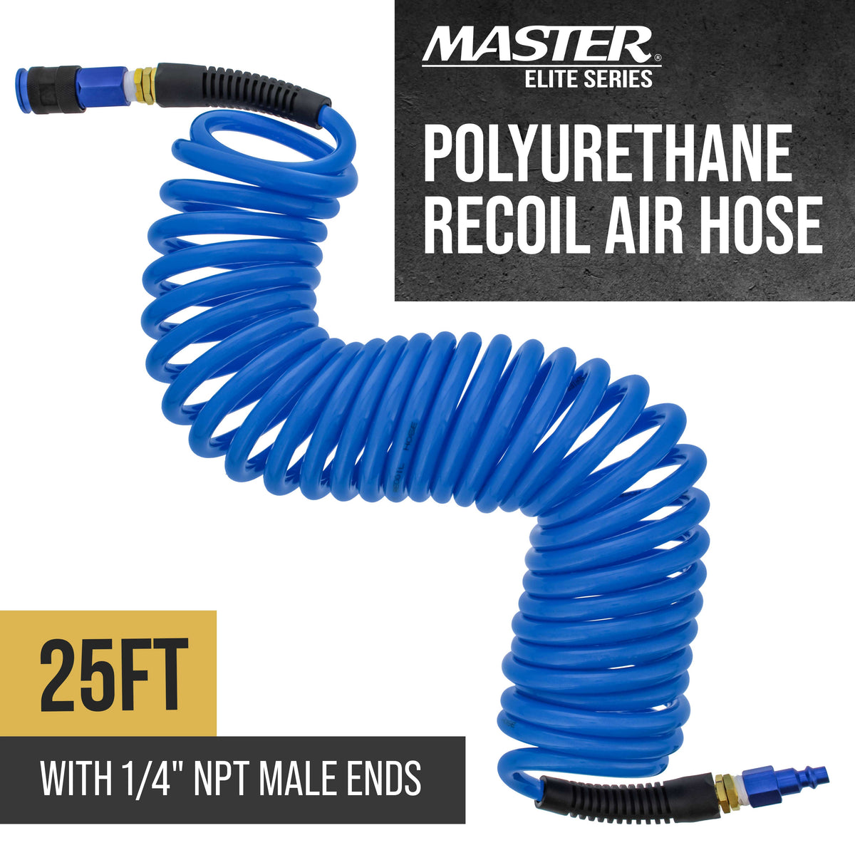 Series 1/4" x 25' Polyurethane Recoil Air Hose with Bend Restrictors and 1/4" NPT Male Fitting Ends, Universal Aluminum Coupler, I/M Plug