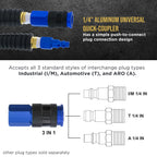 Series 1/4" x 25' Polyurethane Recoil Air Hose with Bend Restrictors and 1/4" NPT Male Fitting Ends, Universal Aluminum Coupler, I/M Plug