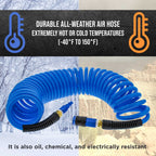 Series 1/4" x 25' Polyurethane Recoil Air Hose with Bend Restrictors and 1/4" NPT Male Fitting Ends, Universal Aluminum Coupler, I/M Plug