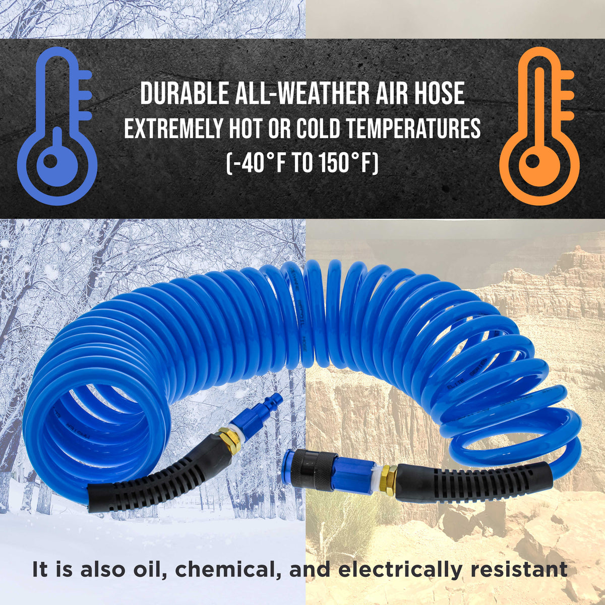Series 1/4" x 25' Polyurethane Recoil Air Hose with Bend Restrictors and 1/4" NPT Male Fitting Ends, Universal Aluminum Coupler, I/M Plug
