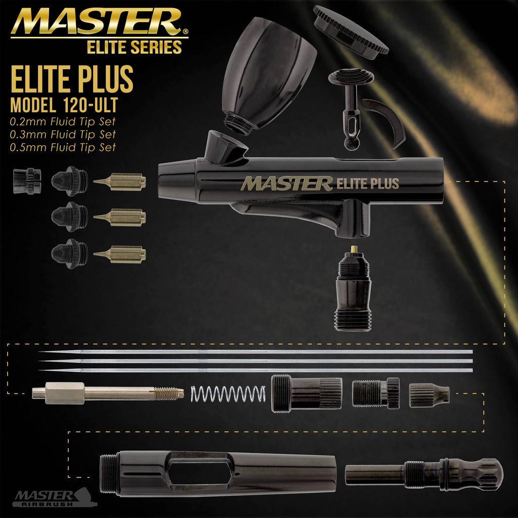 Plus Ultimate Airbrush Set, Model 120 - Elite Level Spray Performance Dual-Action Gravity Feed Airbrush Kit, 0.2, 0.3 and 0.5 mm Tips