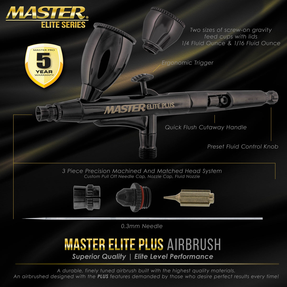 Plus Airbrush Set - Elite Level Performance Dual-Action Gravity Feed Airbrush Kit with Case, 0.3mm Tip, 2 Cups, Filter - Auto, Art, Hobby