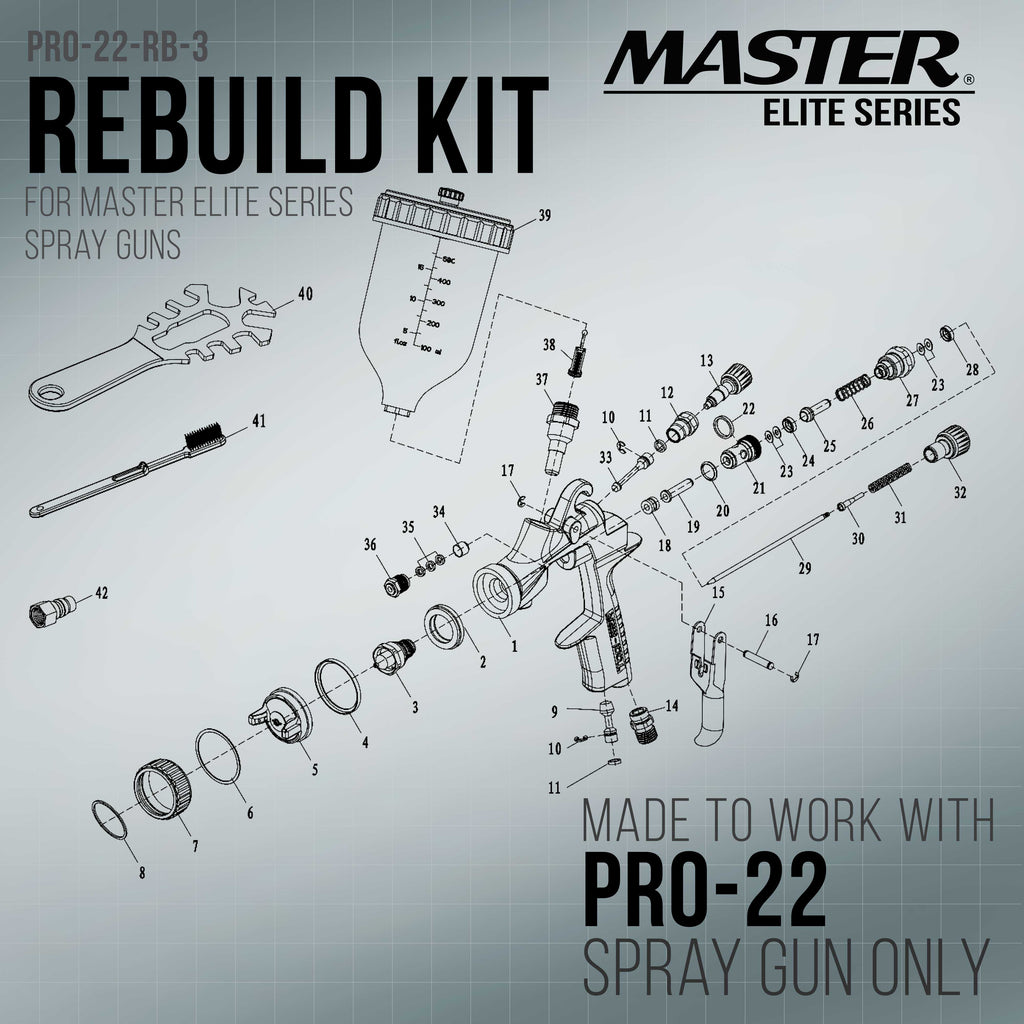 PRO-22 Series HVLP Spray Gun Airflow Control Assembly, Rebuild Kit #3 - Air Adjusting Knob, Rod and Seals - For PRO-22 HVLP Spray Guns