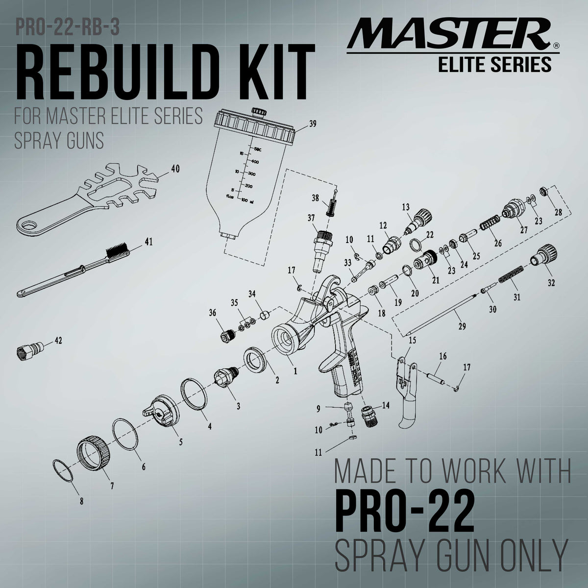 PRO-22 Series HVLP Spray Gun Airflow Control Assembly, Rebuild Kit #3 - Air Adjusting Knob, Rod and Seals - For PRO-22 HVLP Spray Guns