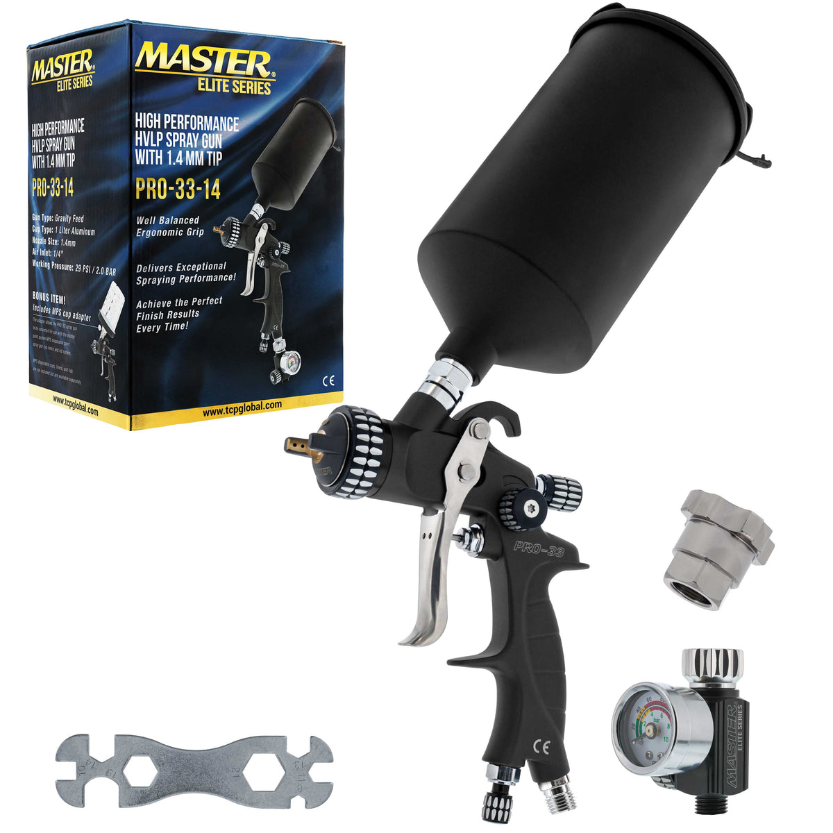 High Performance PRO-33 HVLP Paint Sprayer Gun with 1.4mm Tip, 1L Cup, Regulator Gauge, MPS Adapter