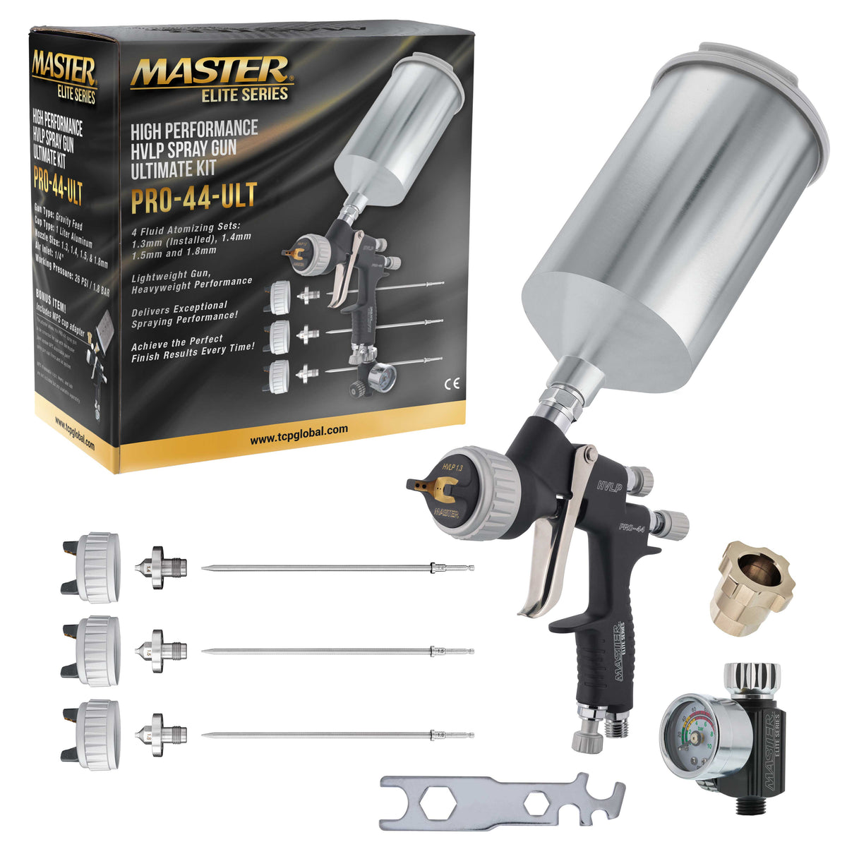 Performance PRO-44 HVLP Spray Gun Ultimate Kit with 4 Fluid Tips 1.3, 1.4, 1.5 & 1.8mm - Automotive Spray Paint Gun for Painting Basecoats