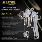 PRO-55 HVLP Automotive Spray Paint Gun with 1.5mm Tip - Pressure Feed Spray Gun for Painting Car Basecoats, Clearcoats, Industrial Coatings & Woodworking Coatings - Superior Atomization