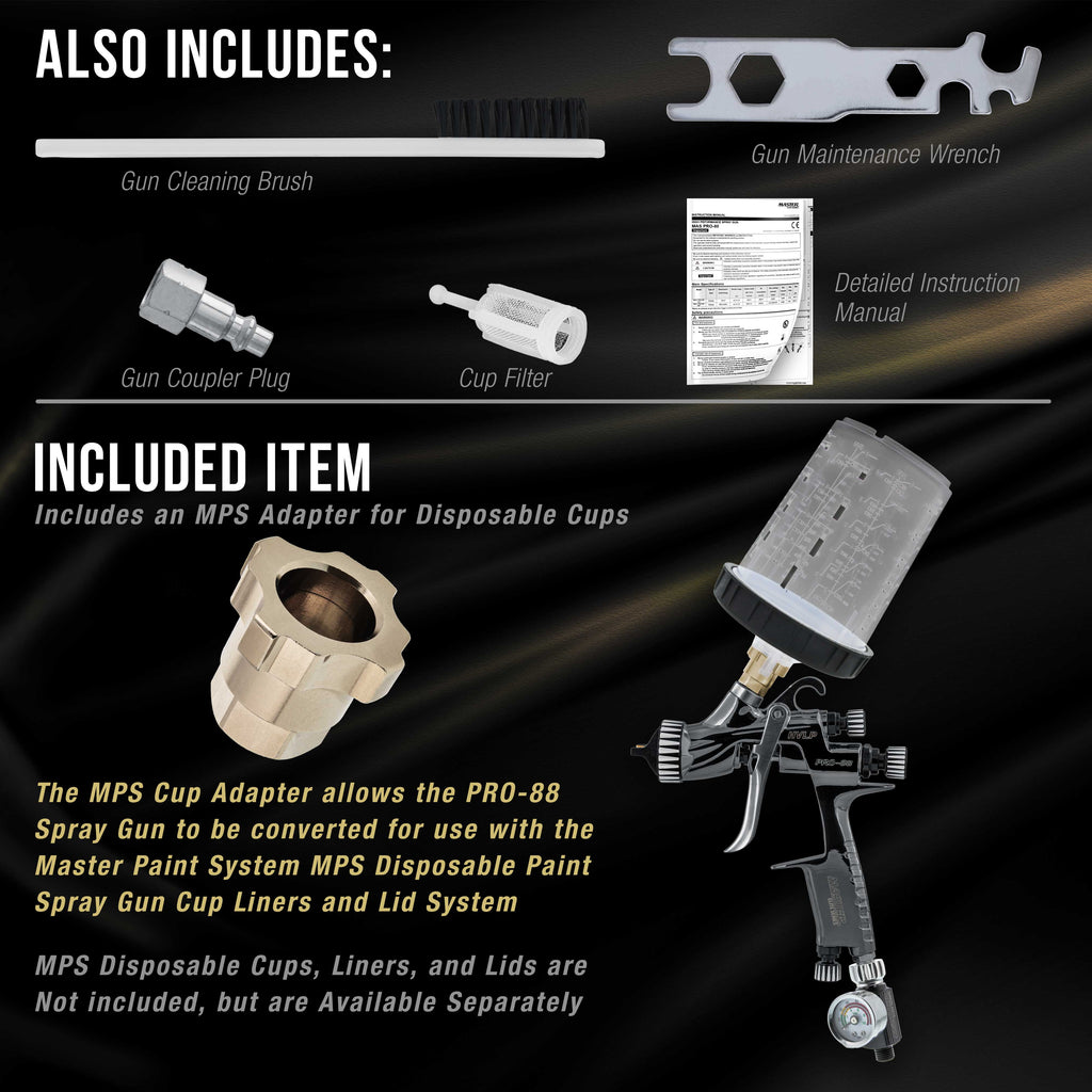 Performance PRO-88 HVLP Automotive Spray Paint Gun with 3 Tips 1.3, 1.4 and 1.8mm, 1L Cup, Regulator Gauge, MPS Adapter