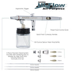 S62 Dual-Action Siphon Feed Airbrush Gun Set, 3 Nozzles, 3/4 oz Bottle, 6-Foot Braided Hose