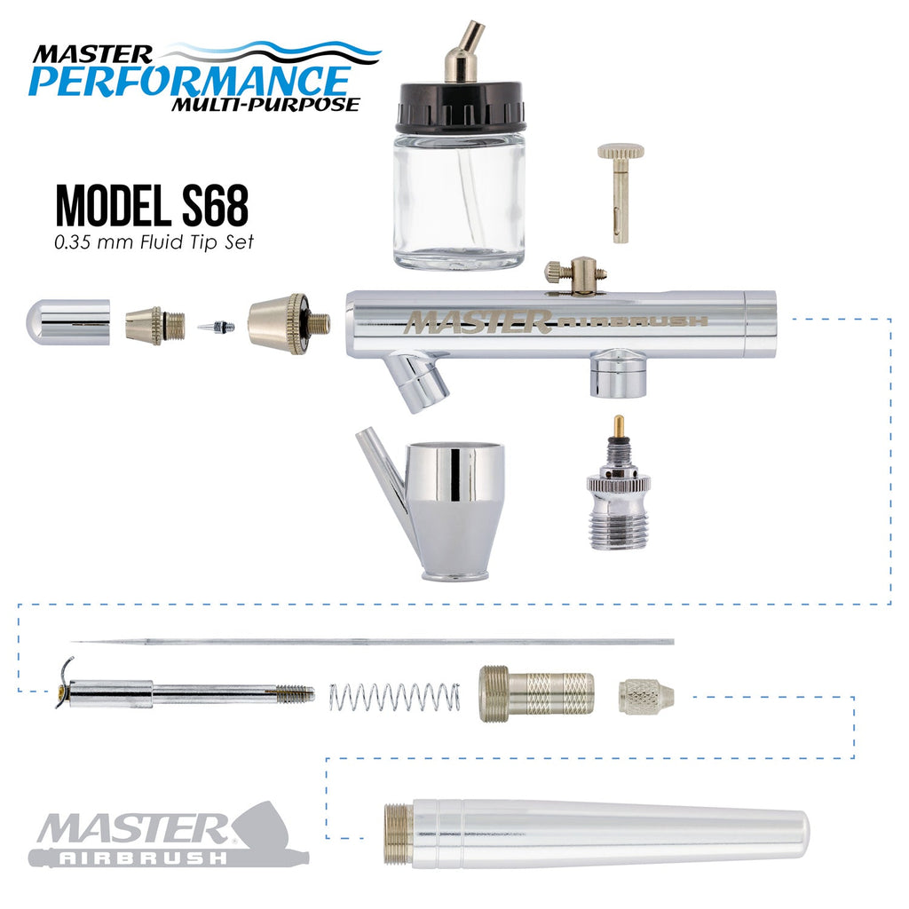 S68 Multi-Purpose Precision Dual-Action Siphon Feed Airbrush Gun with 0.35mm Tip, 3/4 oz Bottle, Cup & 6 Foot Hose